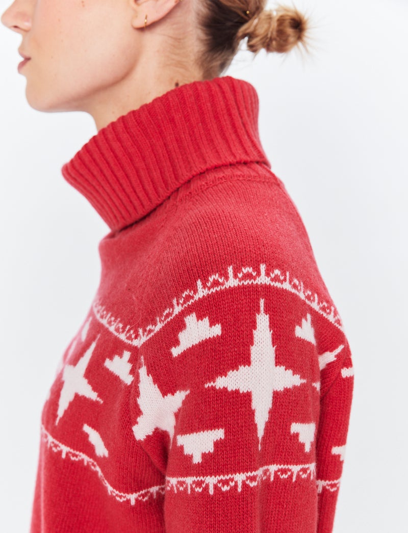 Sage W Wool Rollneck Sweat - Poinsetta Red